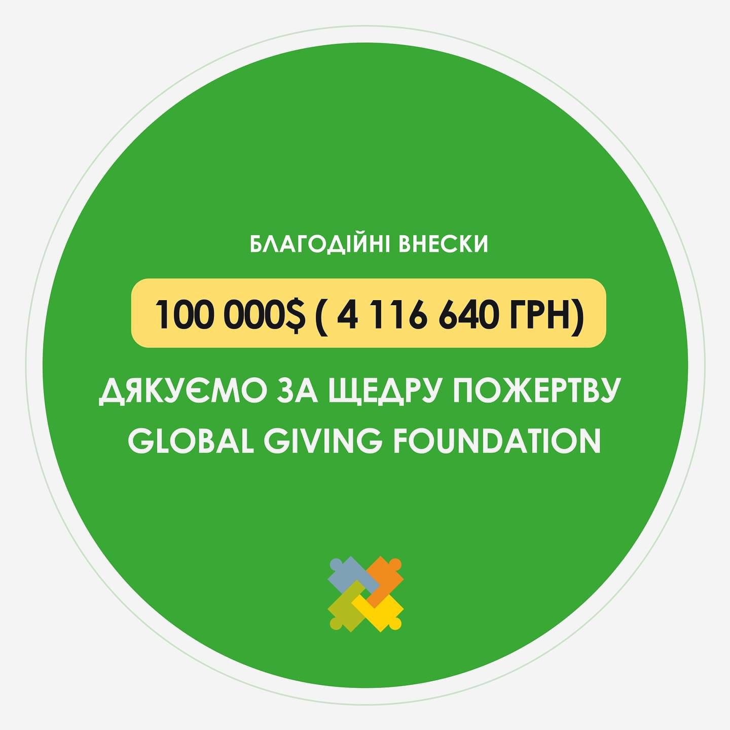 We are pleased to announce that in September we received a generous donation from the Global Giving Foundation in the amount of $100,000 (4,116,640 UAH)!