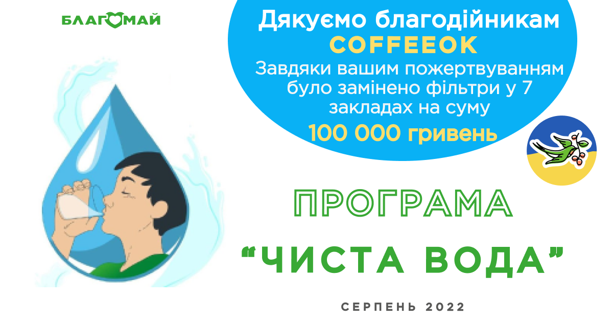 Пожертвування від Coffeeok у розмірі 100 00 грн на програму "Чиста вода"!